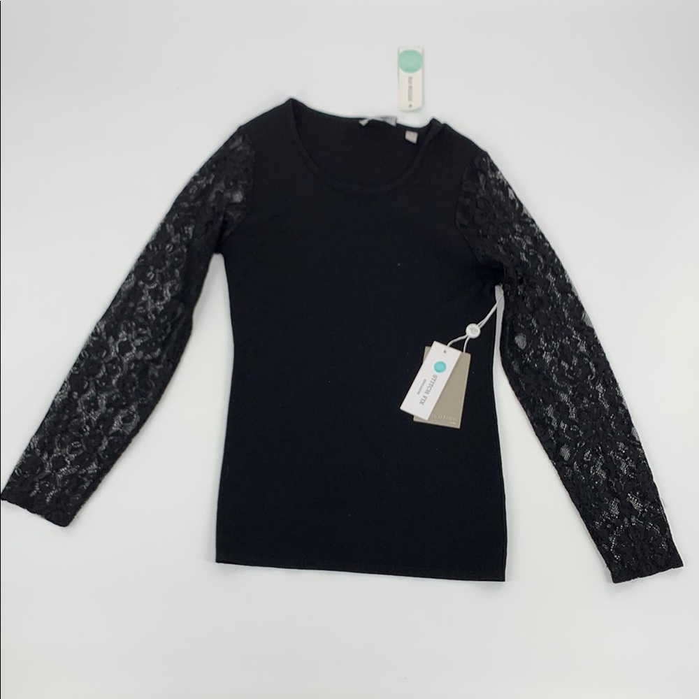 Black Knit Blouse With Lace Sleeves
